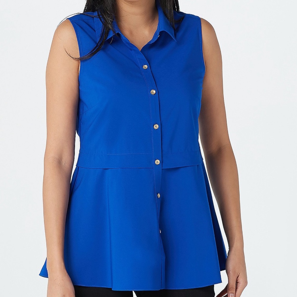 Dennis Basso Solid Woven Sleeveless Peplum Shirt  14003